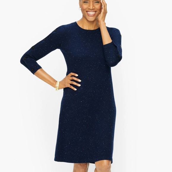 Talbots Women’s Size Medium Navy Kitty Tweed Open Neck Sweatert Dress Midi - Picture 1 of 13